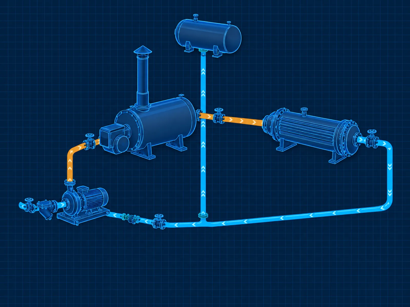Diagrama de circuito de fluido térmico con calentador, bomba, proceso y tanque de expansión