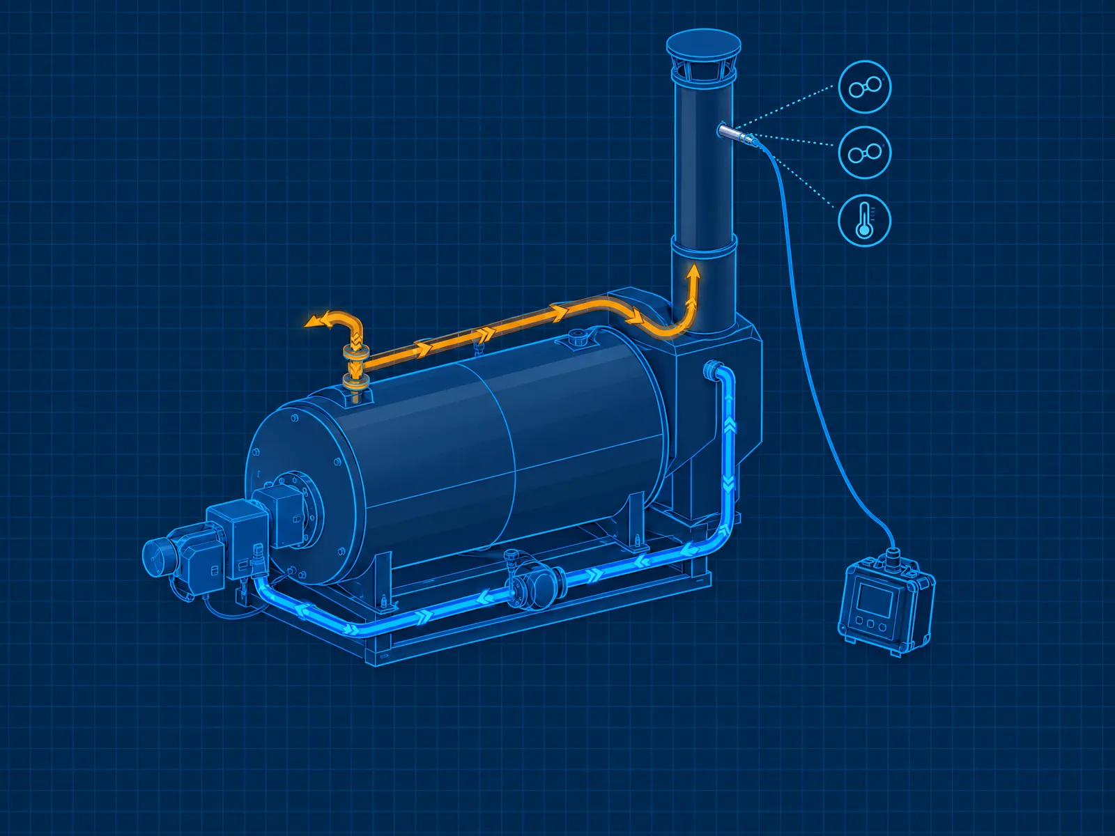 Diagrama del punto de muestreo y las variables medidas en los gases de combustión