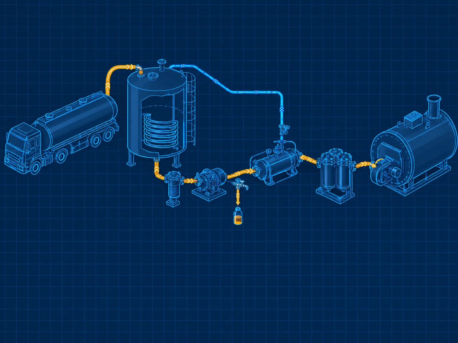 Diagrama del flujo controlado de combustible desde la recepción hasta el quemador