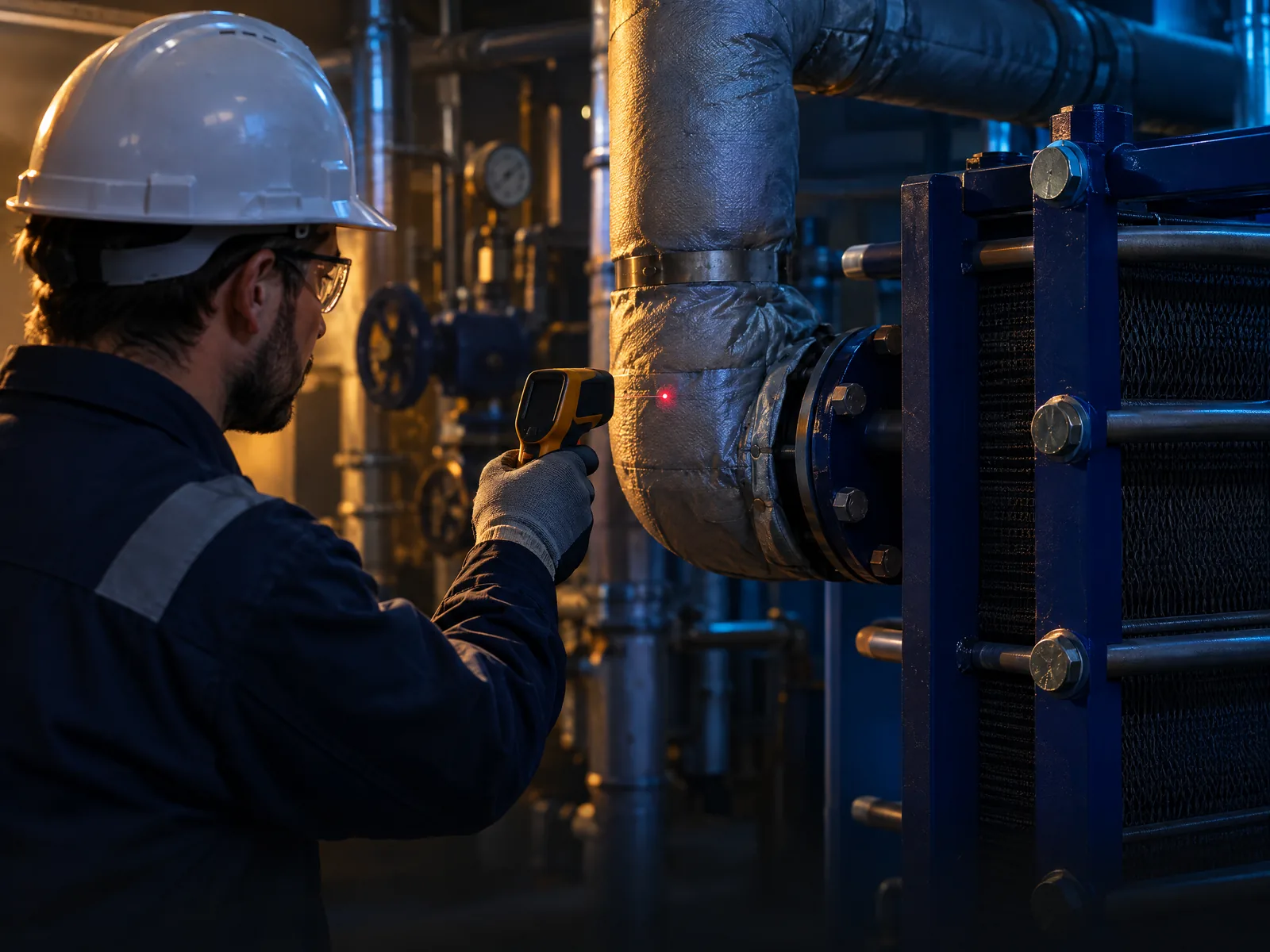 Levantamiento de temperatura y conexiones en un sistema de intercambio térmico industrial
