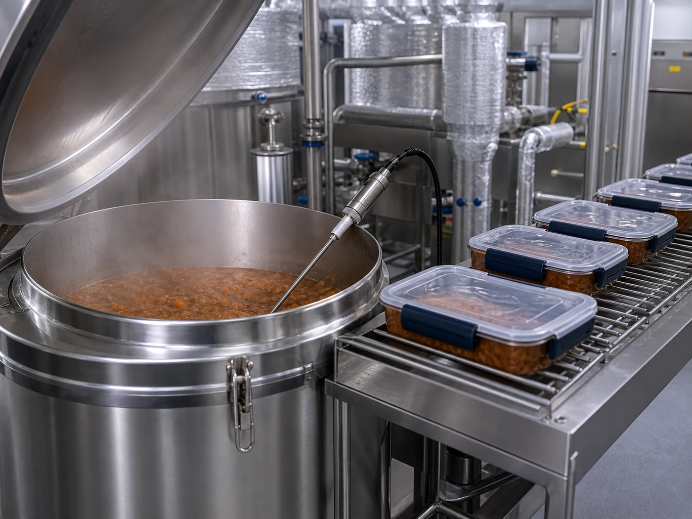 Proceso de producción gastronómica con control de temperatura, empaque y despacho