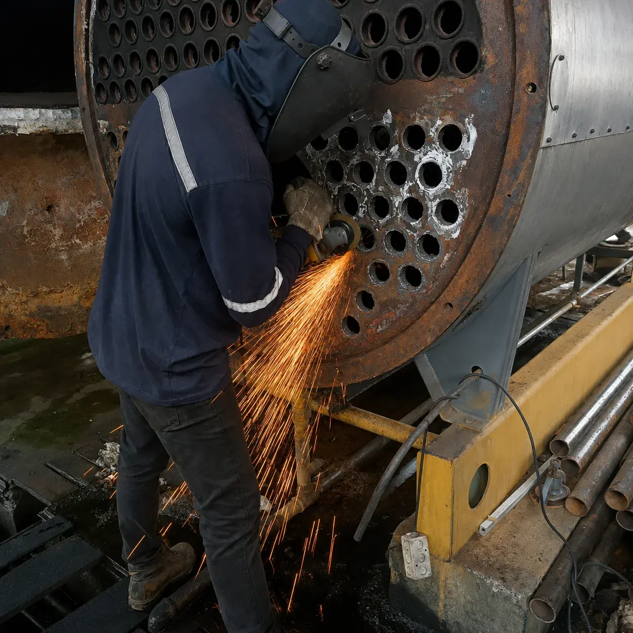 Técnico esmerilando el espejo de tubos del caldero