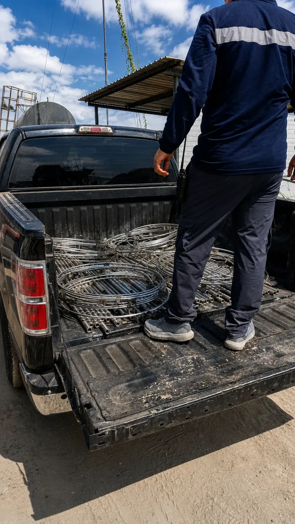 Carga de materiales en el vehículo de servicio para trabajo en campo
