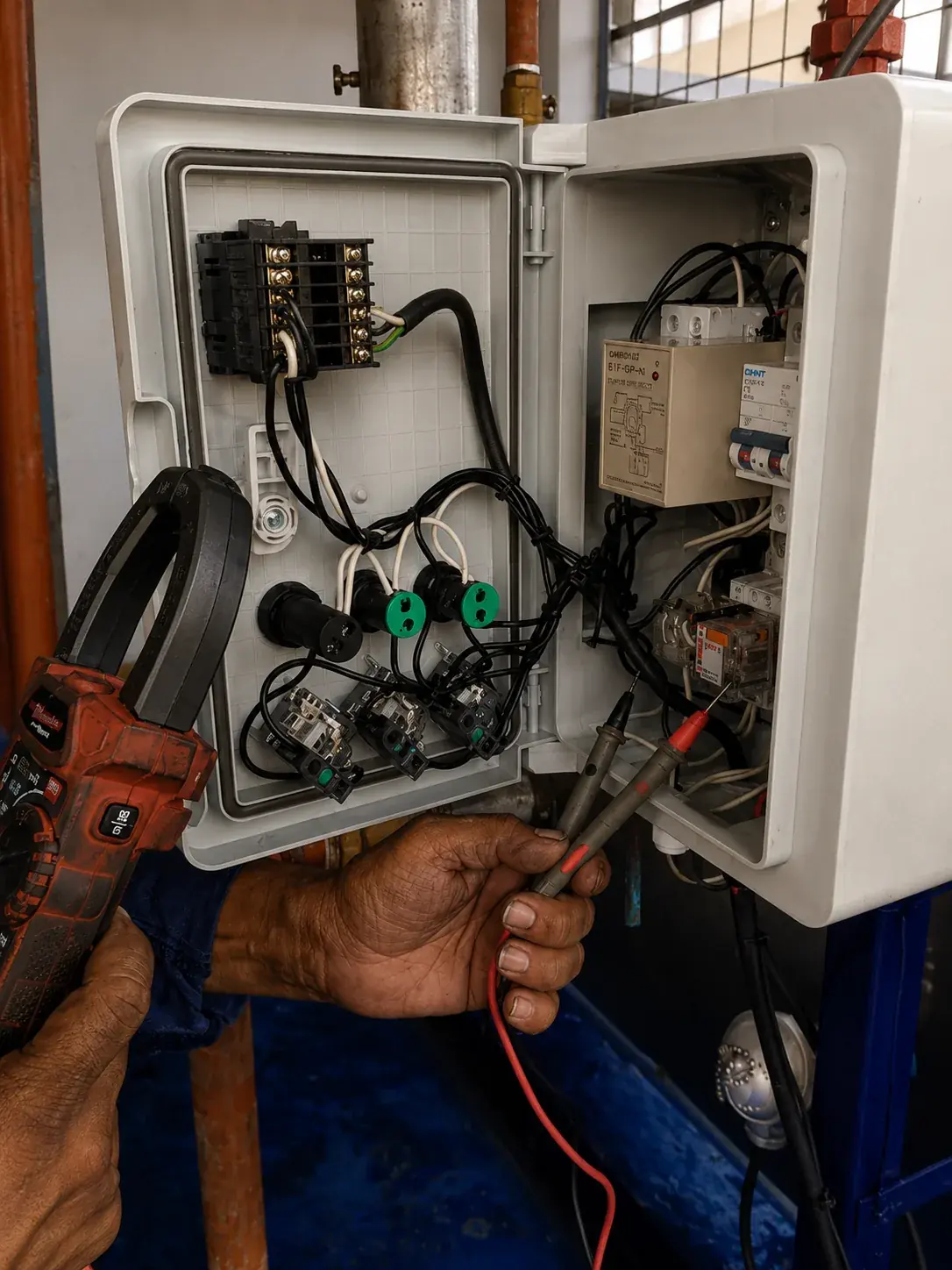 Medición con multímetro en tablero de control durante el mantenimiento eléctrico