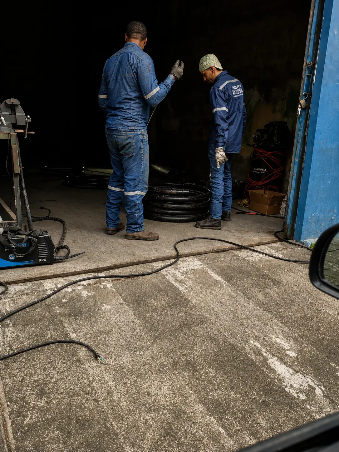 Técnicos en el taller metalmecánico durante la preparación de trabajos